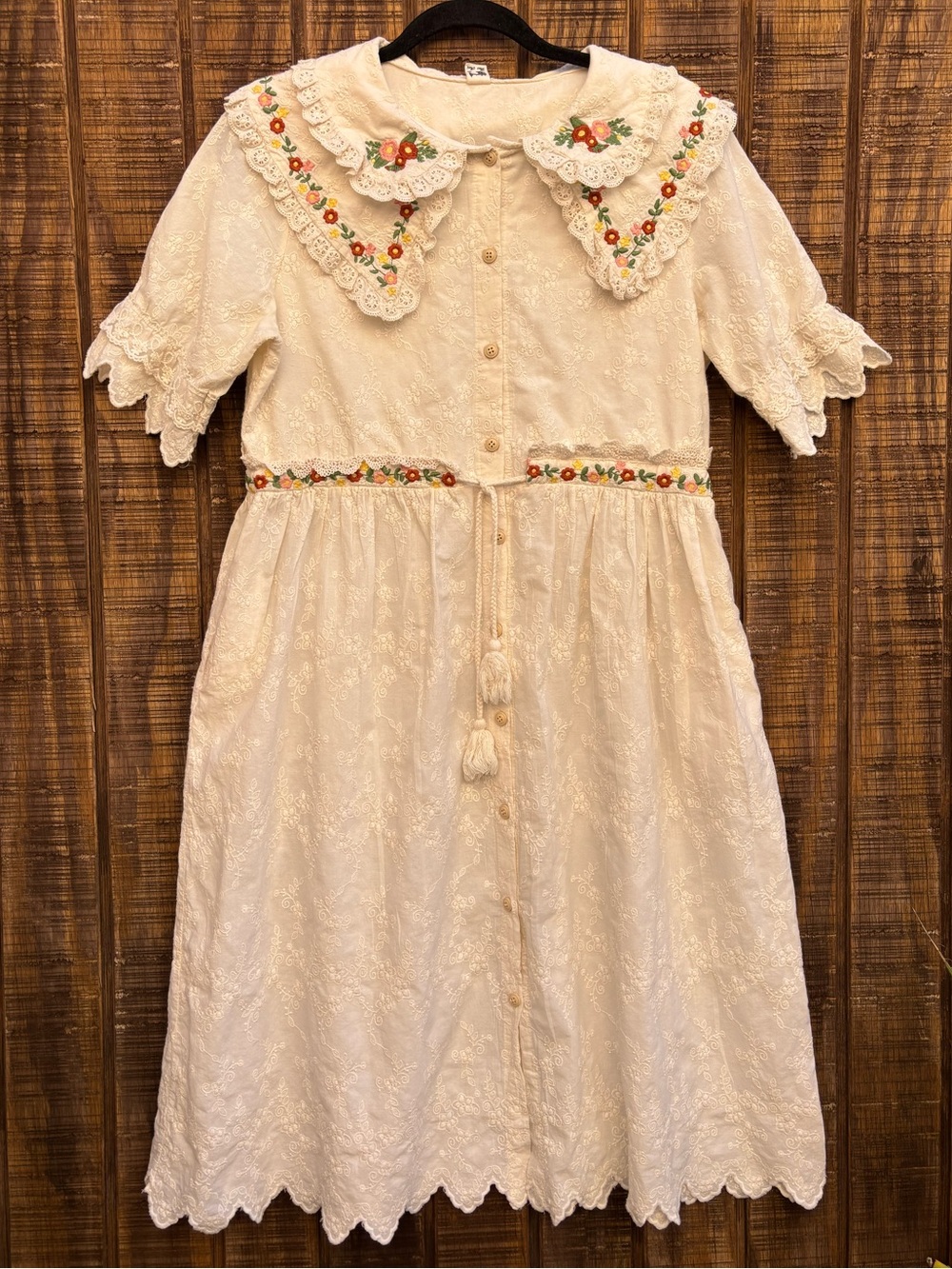 Hui Mei Cottagecore Cream Colored Floral Embroidered Lace Trim Dress